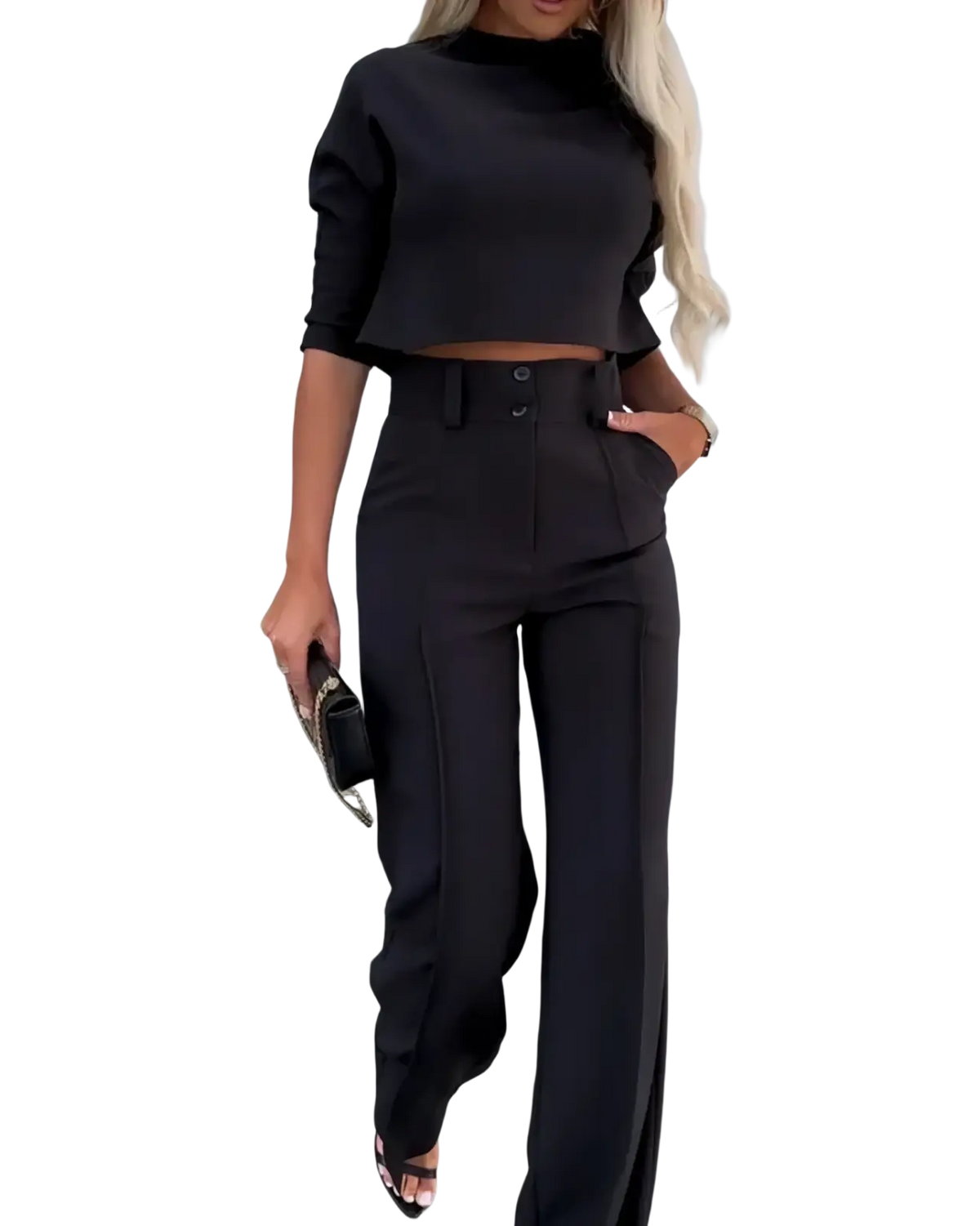 Black high-waisted wide-leg trousers with tailored fit and two front buttons from two piece office suit crop top wide leg pants