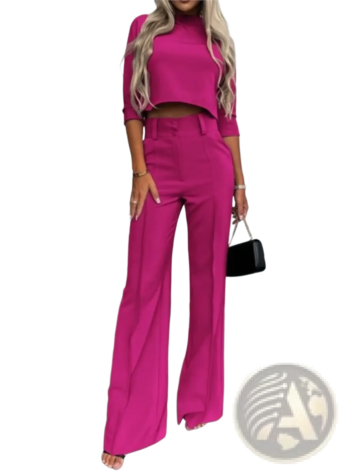 Fuchsia two-piece office suit with a cropped top and wide-leg pants made from soft fabric for professional wear