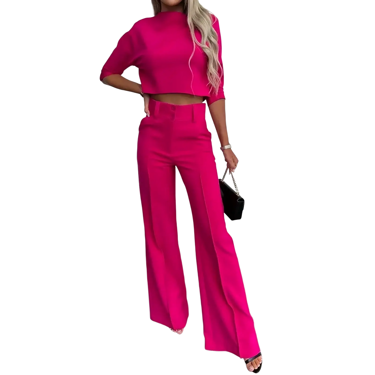 Fuchsia two piece office suit with cropped top and wide leg trousers in lightweight fabric for professional wear