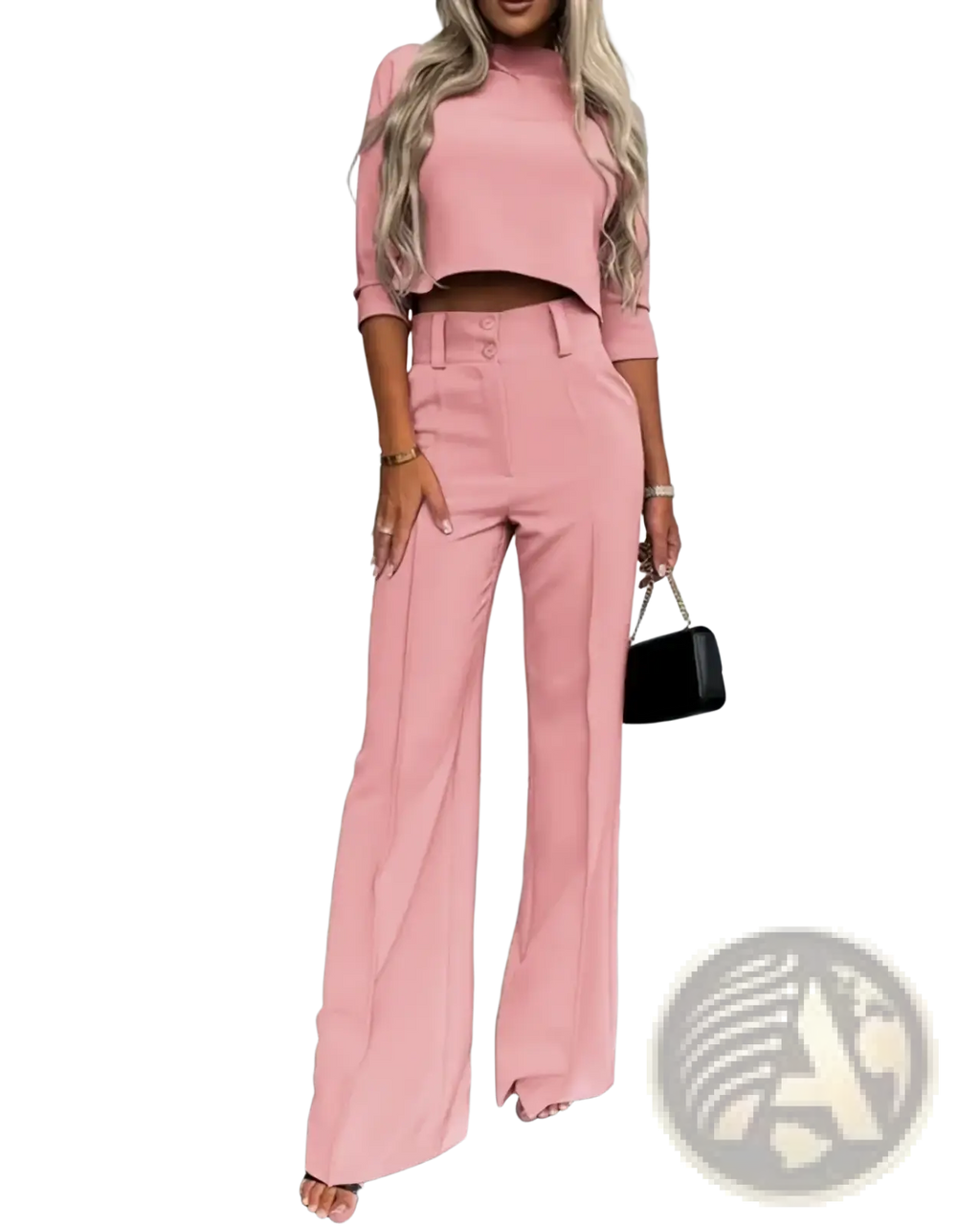 A stylish pink two piece office suit with a cropped top featuring three quarter sleeves and wide leg trousers made from smooth fabric