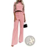 A stylish pink two piece office suit with a cropped top featuring three quarter sleeves and wide leg trousers made from smooth fabric