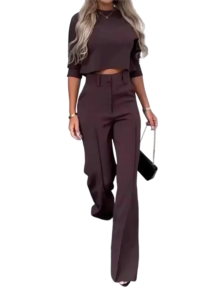 A sleek dark brown two piece office suit with a cropped top featuring three quarter sleeves and wide leg trousers