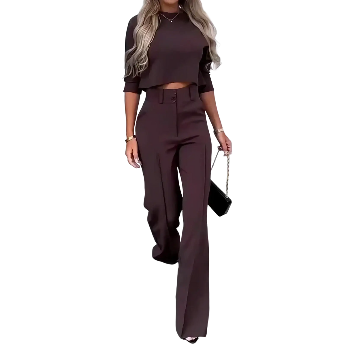 A sleek dark brown two piece office suit with a cropped top and high waisted wide leg pants