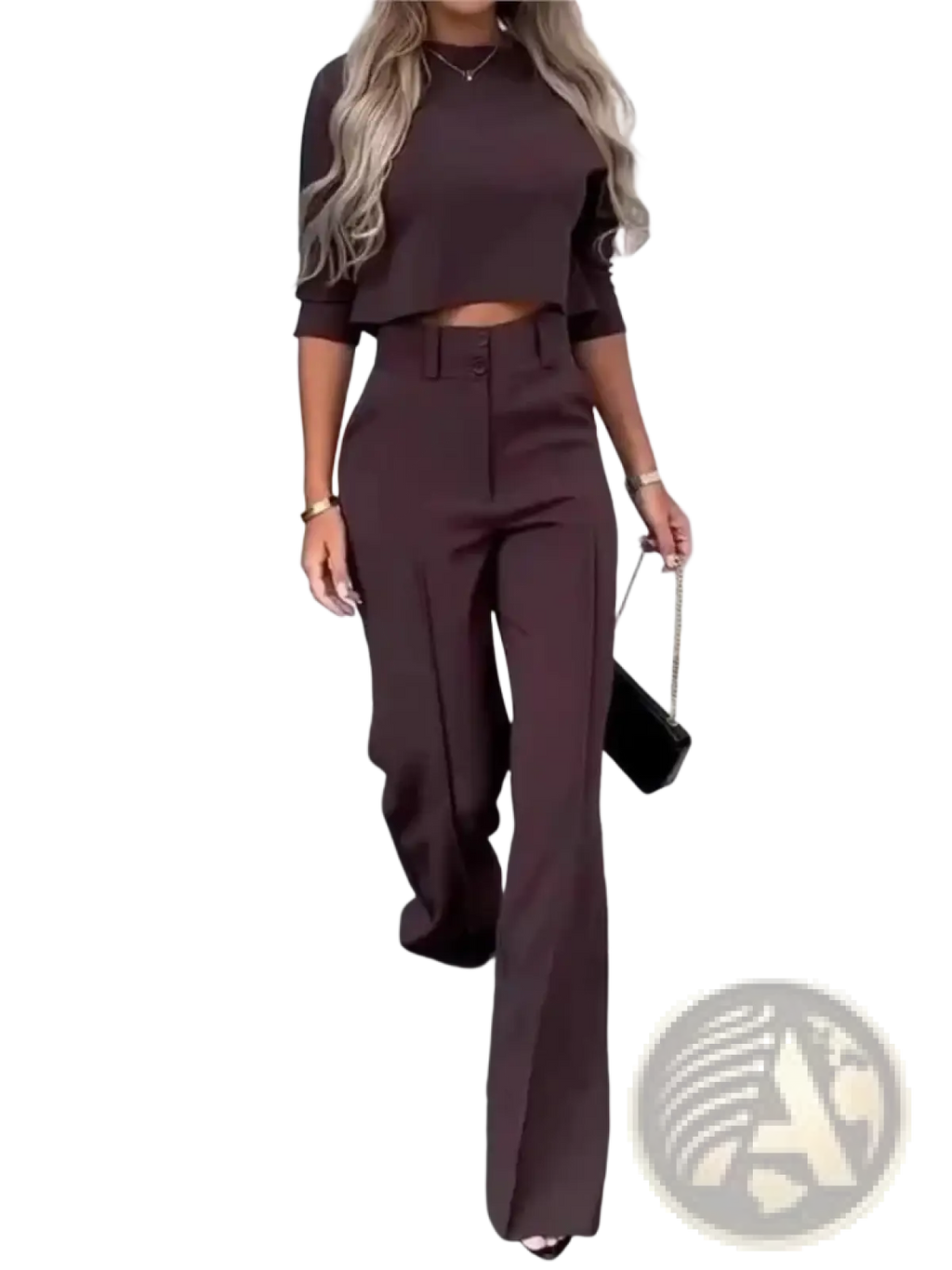 A sleek dark brown two piece office suit with a cropped top featuring three quarter sleeves and wide leg trousers