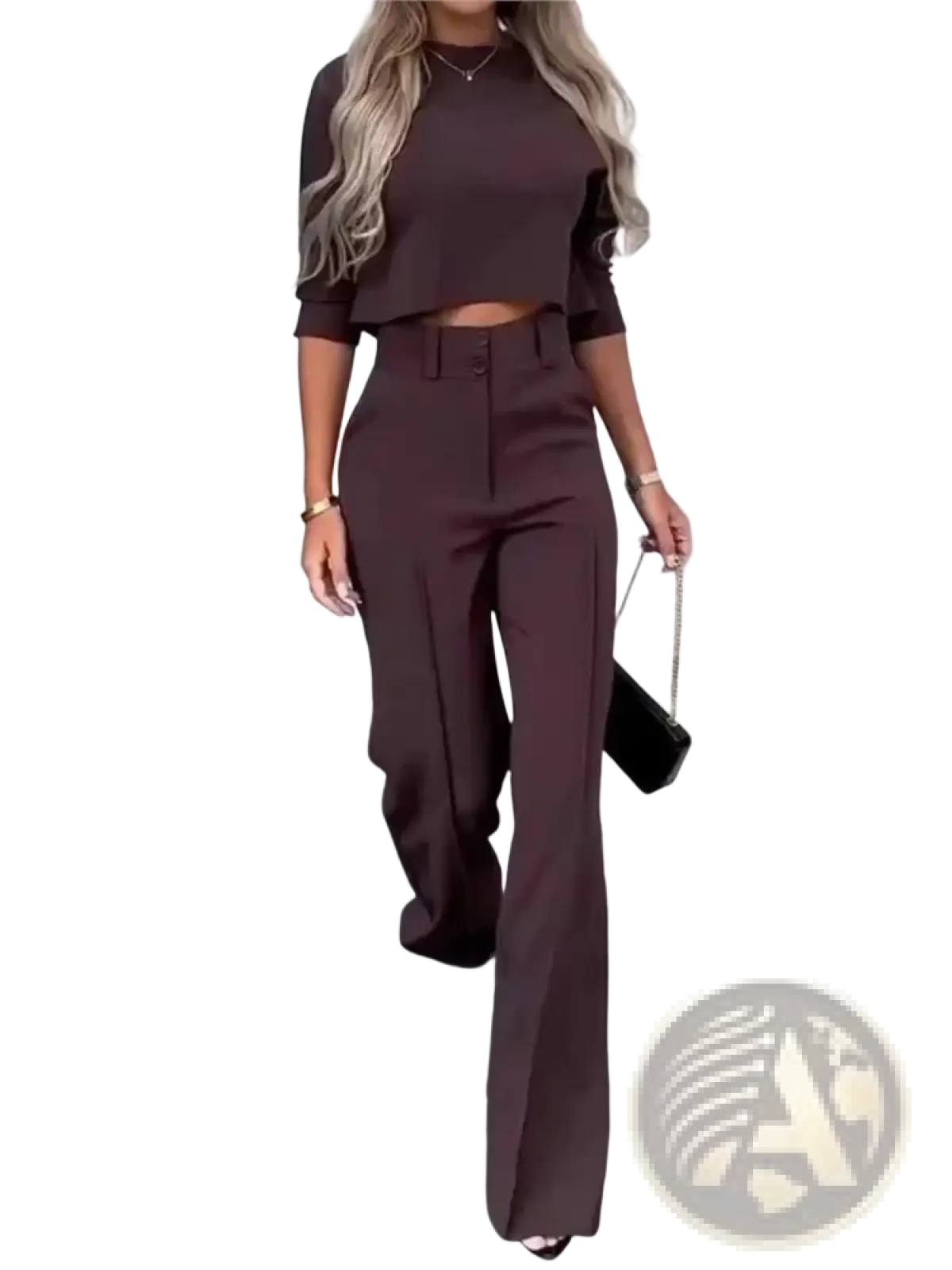 A sleek dark brown two piece office suit with a cropped top featuring three quarter sleeves and wide leg trousers