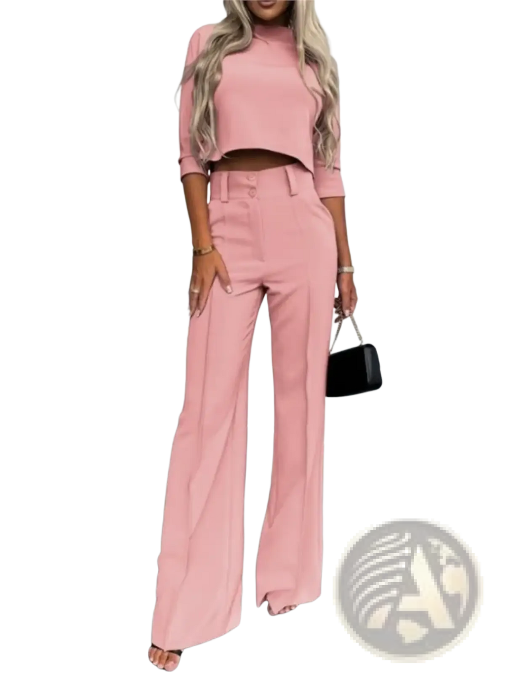 A soft pink two piece office suit with a cropped top with three quarter sleeves and high waisted wide leg pants