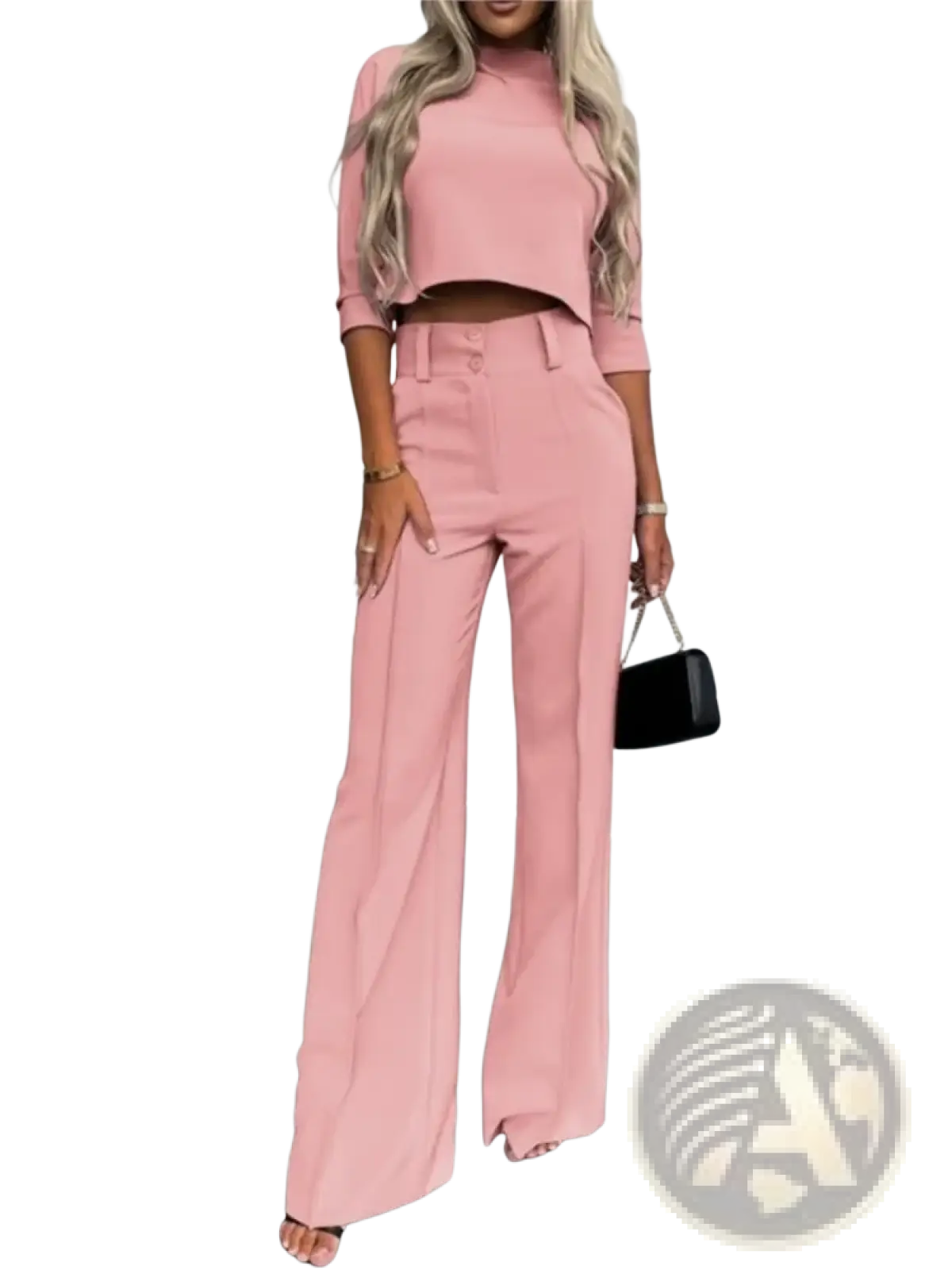 A soft pink two piece office suit with a cropped top with three quarter sleeves and high waisted wide leg pants