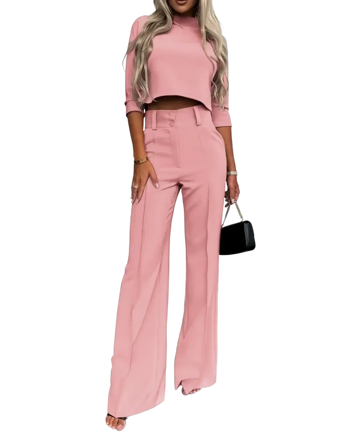 A stylish pink two piece office suit with a cropped top featuring three quarter sleeves and wide leg trousers made from smooth fabric