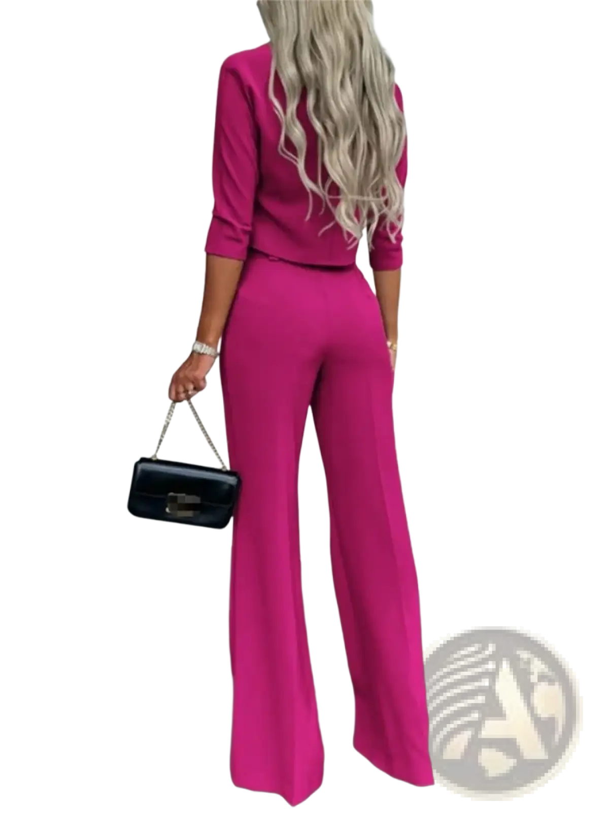 A vibrant fuchsia two-piece office suit with a fitted blazer and wide-leg trousers worn by a model