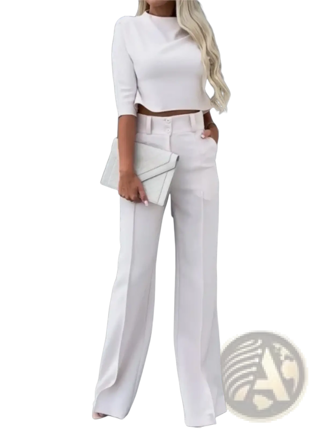 White two piece office suit with a cropped top featuring three quarter sleeves and wide leg trousers