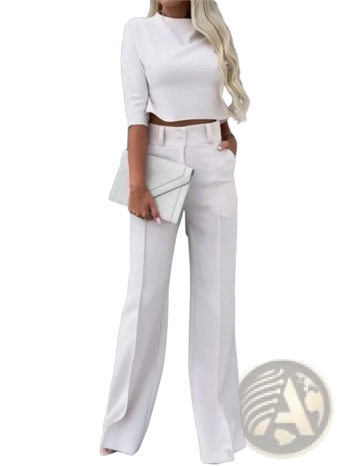 White two piece office suit with a cropped top featuring three quarter sleeves and wide leg trousers