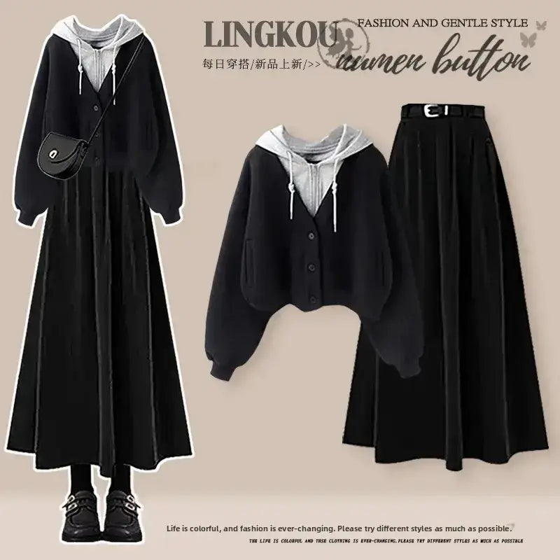 Black velvet two-piece outfit set with hooded cardigan and skirt fit designed for women for elegant occasions