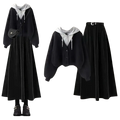 Black velvet two-piece outfit set with hooded cardigan and skirt fit designed for women for elegant occasions