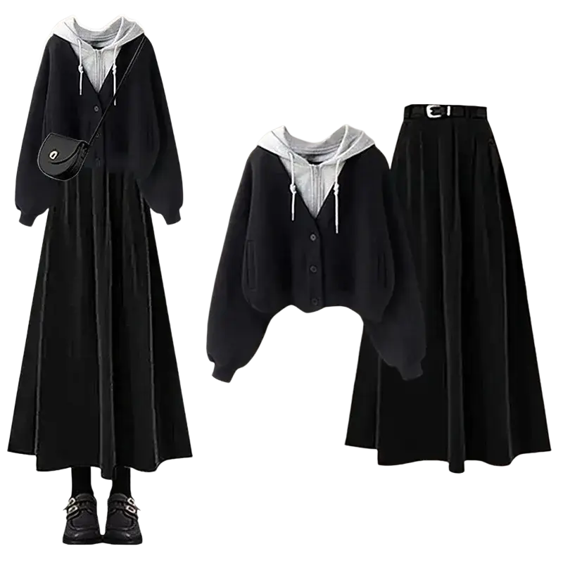 Black velvet two-piece outfit set with hooded cardigan and skirt fit designed for women for elegant occasions