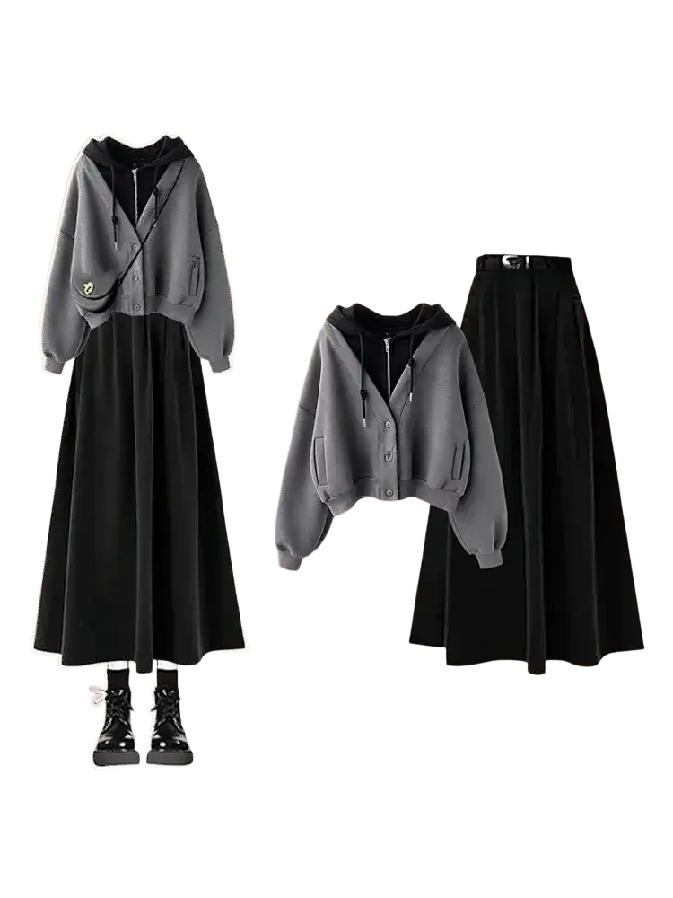 Gray hooded cardigan with black zipper and button closure in a two-piece outfit set with fit designed for women