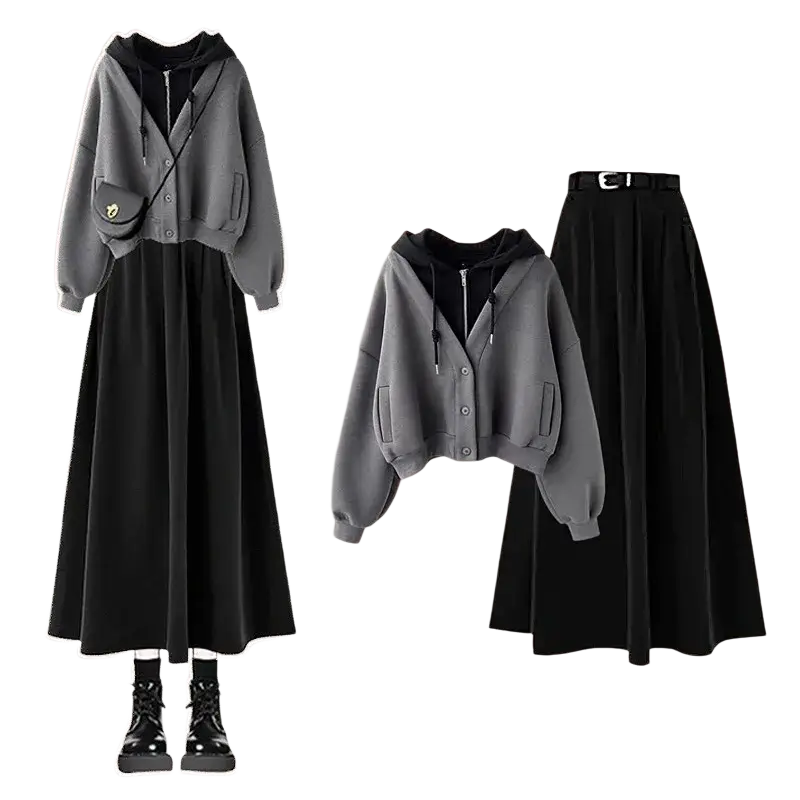 Gray hooded cardigan with black inner lining and front button closure fit designed for women in two-piece outfit set