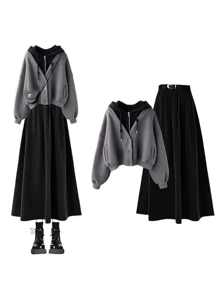 Gray hooded cardigan with black zipper and button closure fit designed for women in two-piece outfit set