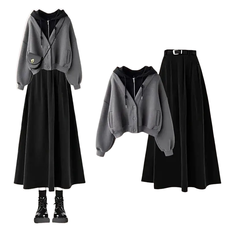Gray hooded cardigan with black inner lining and front button closure fit designed for women two-piece outfit set