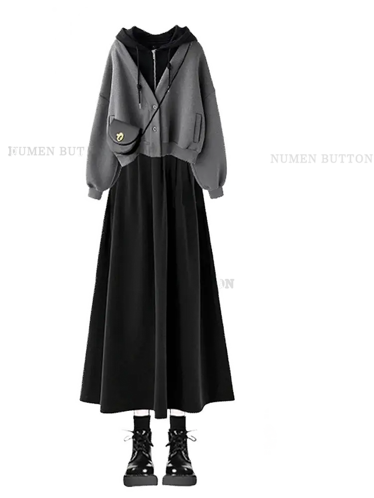 Gray hooded cropped jacket with black inner lining and front button closure fit designed for women two-piece outfit set