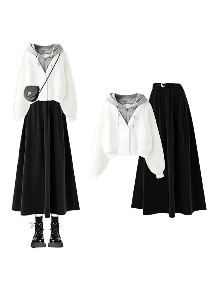 White cropped hoodie with gray inner lining and hood paired with black pleated skirt two-piece outfit set fit designed for women