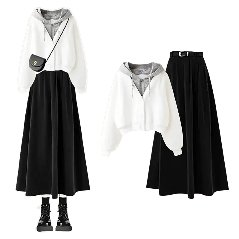 White hooded zip-up sweatshirt with gray inner lining and drawstring fit designed for women two-piece outfit set
