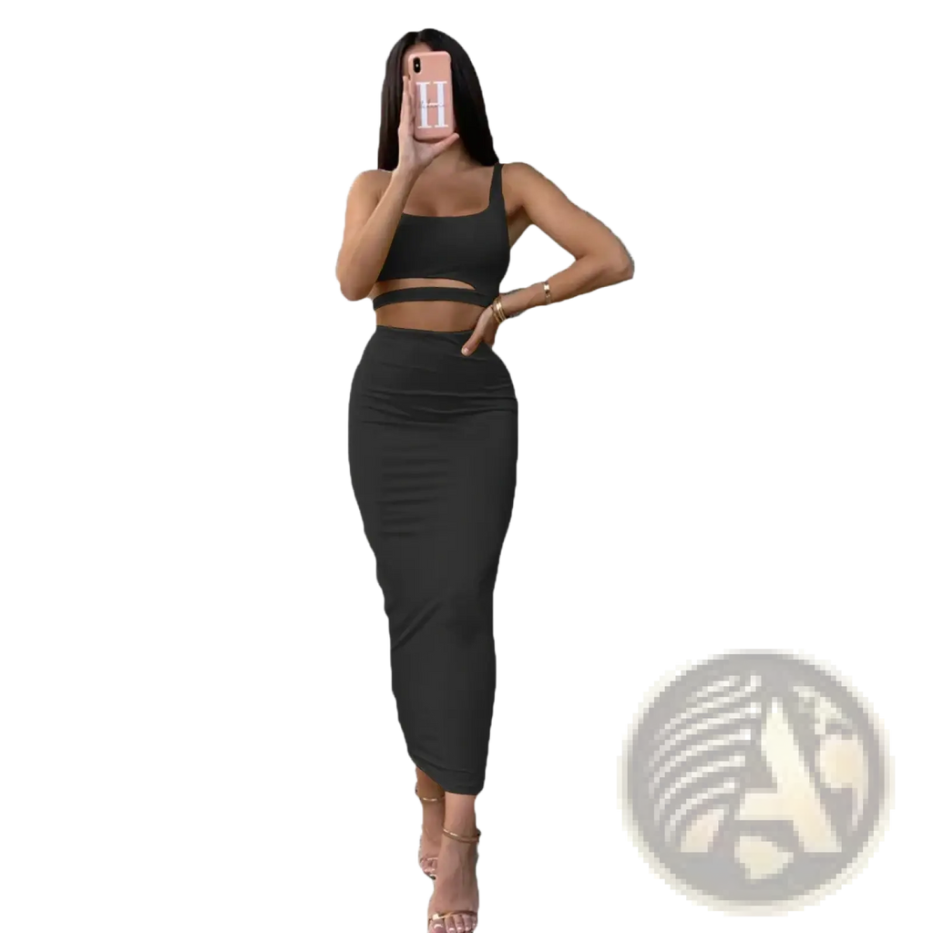 Black two-piece pleated midi dress featuring a cropped top with thin straps and a high-waisted skirt for parties