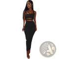 Black two-piece pleated midi dress with cut-out details and fitted silhouette for sexy party outfit