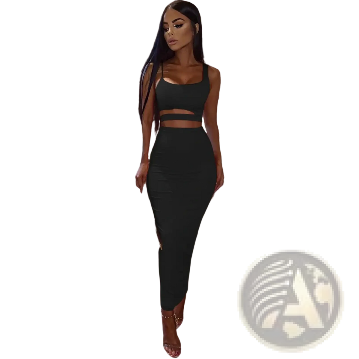 Black two-piece pleated midi dress with cut-out details and fitted silhouette for sexy party outfit