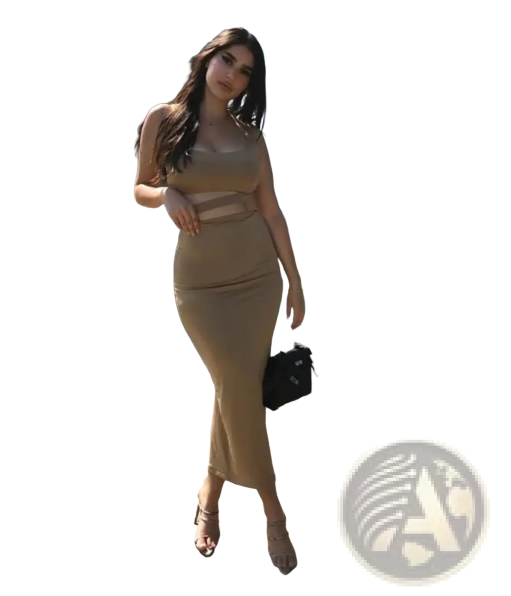 A tan bodycon two piece pleated midi dress with cut-out midsection and thin straps for sexy party outfits
