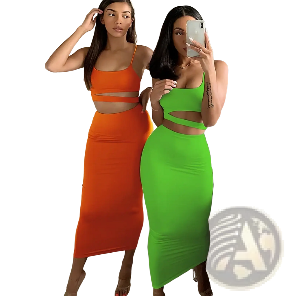 Two women pose wearing two-piece pleated midi dresses in vibrant orange and neon green for sexy party outfits