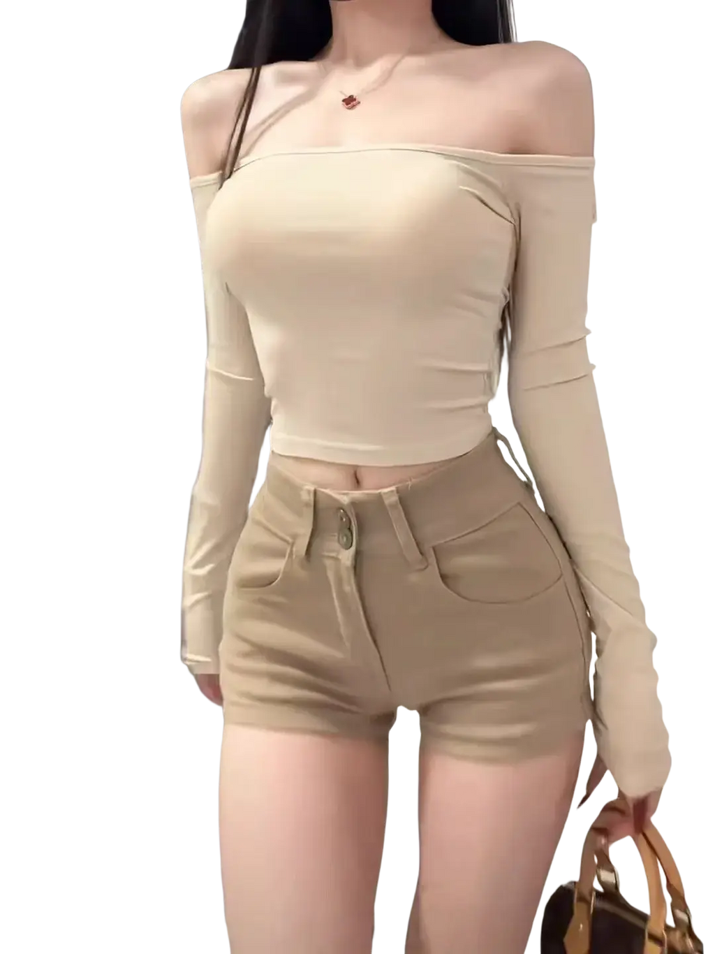 Beige off-the-shoulder long sleeve crop top with fitted stretchy fabric from two-piece set with high-waisted shorts
