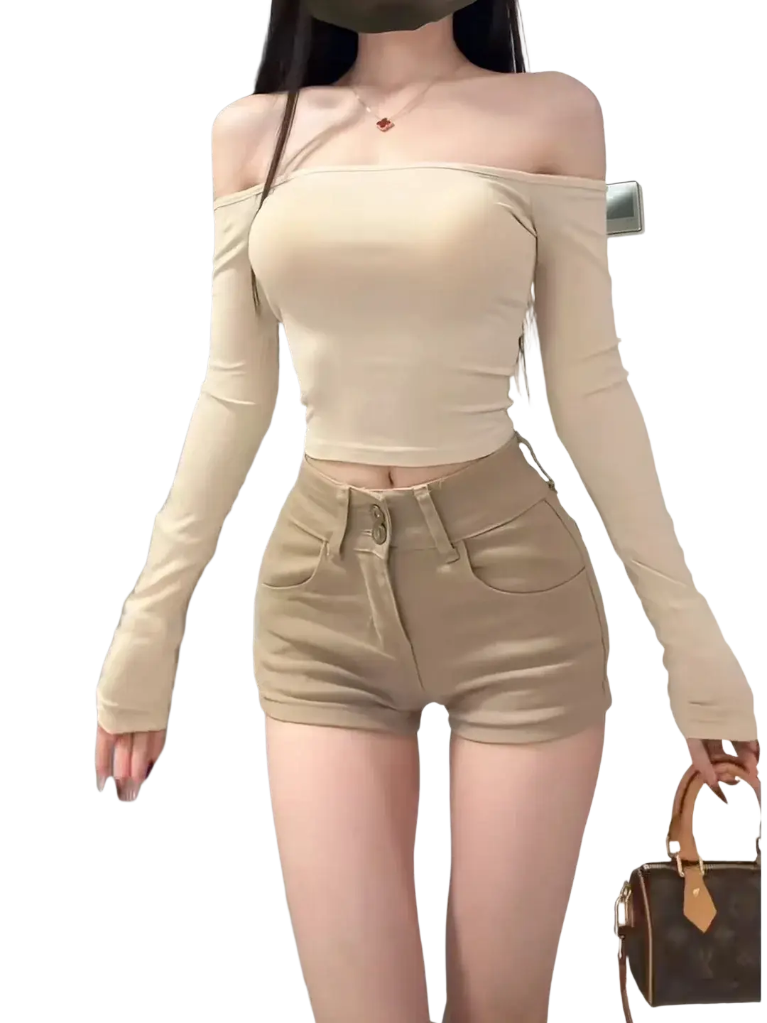 Beige off-the-shoulder long sleeve crop top with a fitted silhouette in a simple style two-piece set