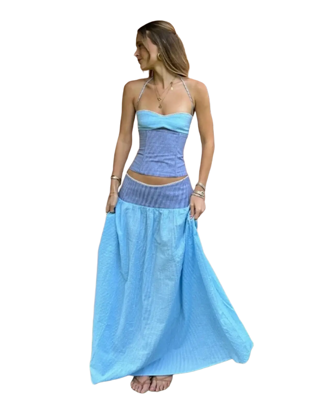 Two piece set strapless corset dress in blue linen with elastic waistband and ribbed closure type for a stylish fit
