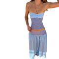 Two piece set with strapless corset dress and elastic waist in light blue and lavender striped soft flowing fabric