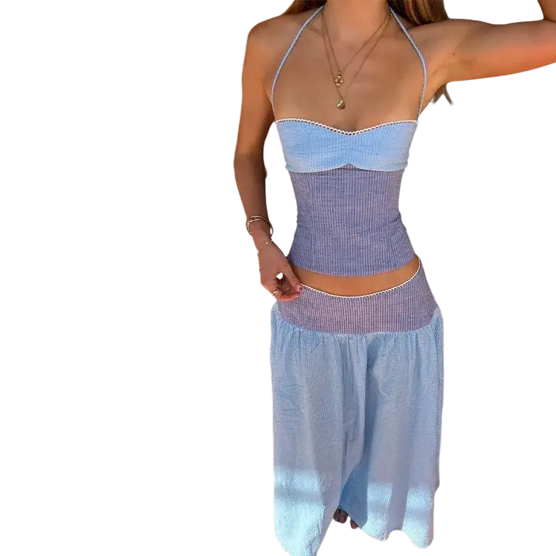 Two piece set with strapless corset dress and elastic waist in light blue and lavender striped soft flowing fabric