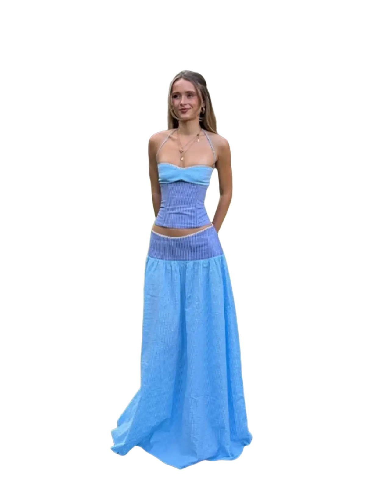 Two piece set strapless corset dress in two-toned blue with ribbed bodice and elastic waist closure type