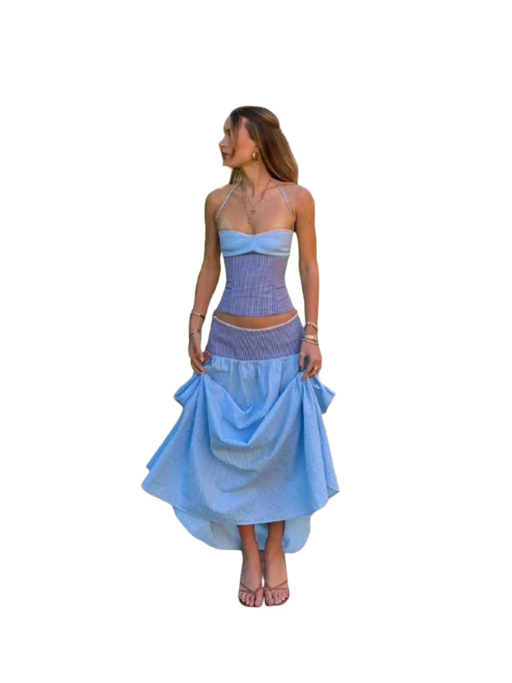 Two piece set strapless corset dress with ribbed blue fabric and elastic waist closure for a fitted look