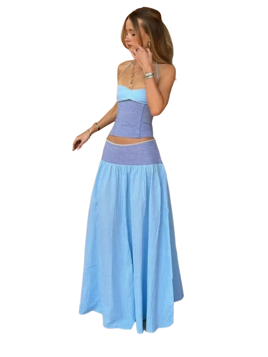 Two piece set strapless corset dress with ribbed texture bodice and elastic lavender waistband in blue tones