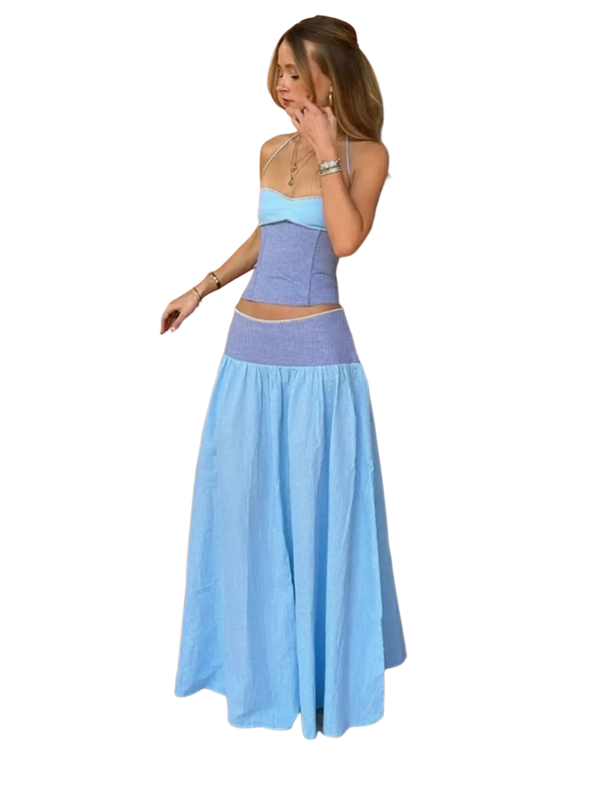 Two piece set strapless corset dress with ribbed texture bodice and elastic lavender waistband in blue tones
