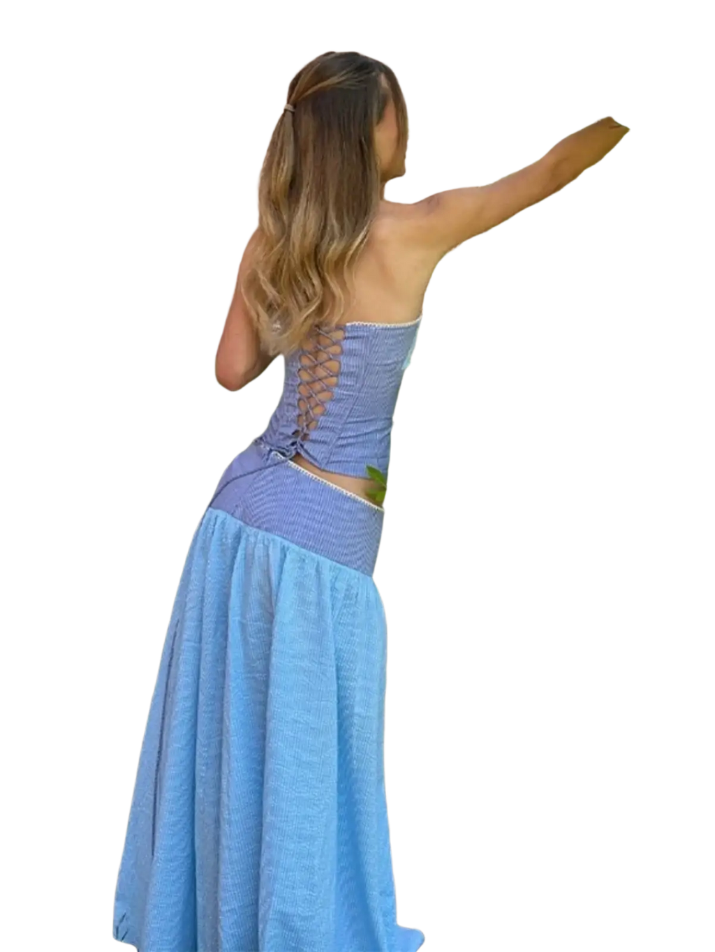 Two piece set strapless corset dress in two-toned blue woven fabric with lace-up back closure type detail