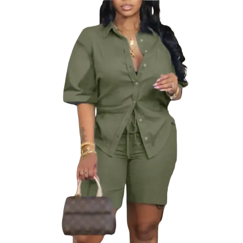Olive green two piece short set with button closure designed for summer wear in lightweight fabric