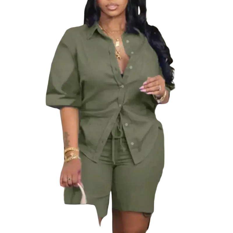 Olive green two piece short set with button closure and drawstring waistband for summer outfit