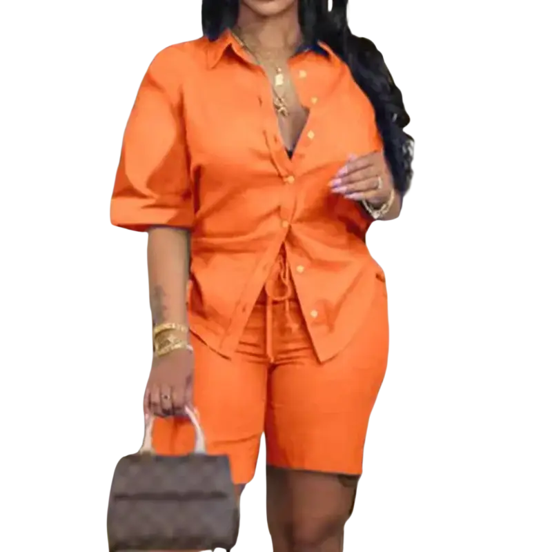Orange two piece short set with button closure and front tie detail perfect for summer wear