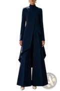 Navy blue high-necked long-sleeved coat with draped asymmetrical hemline from two piece wide leg pant suit set