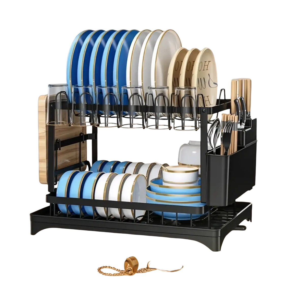 Black two-tier dish drainer rack with utensil holder displaying gold-trimmed blue and white ceramic plates and glasses