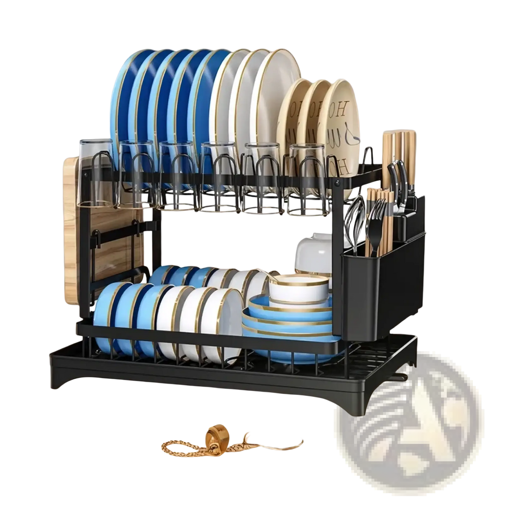 Black two-tier dish drainer rack with utensil holder displaying gold-trimmed blue and white ceramic plates and glasses