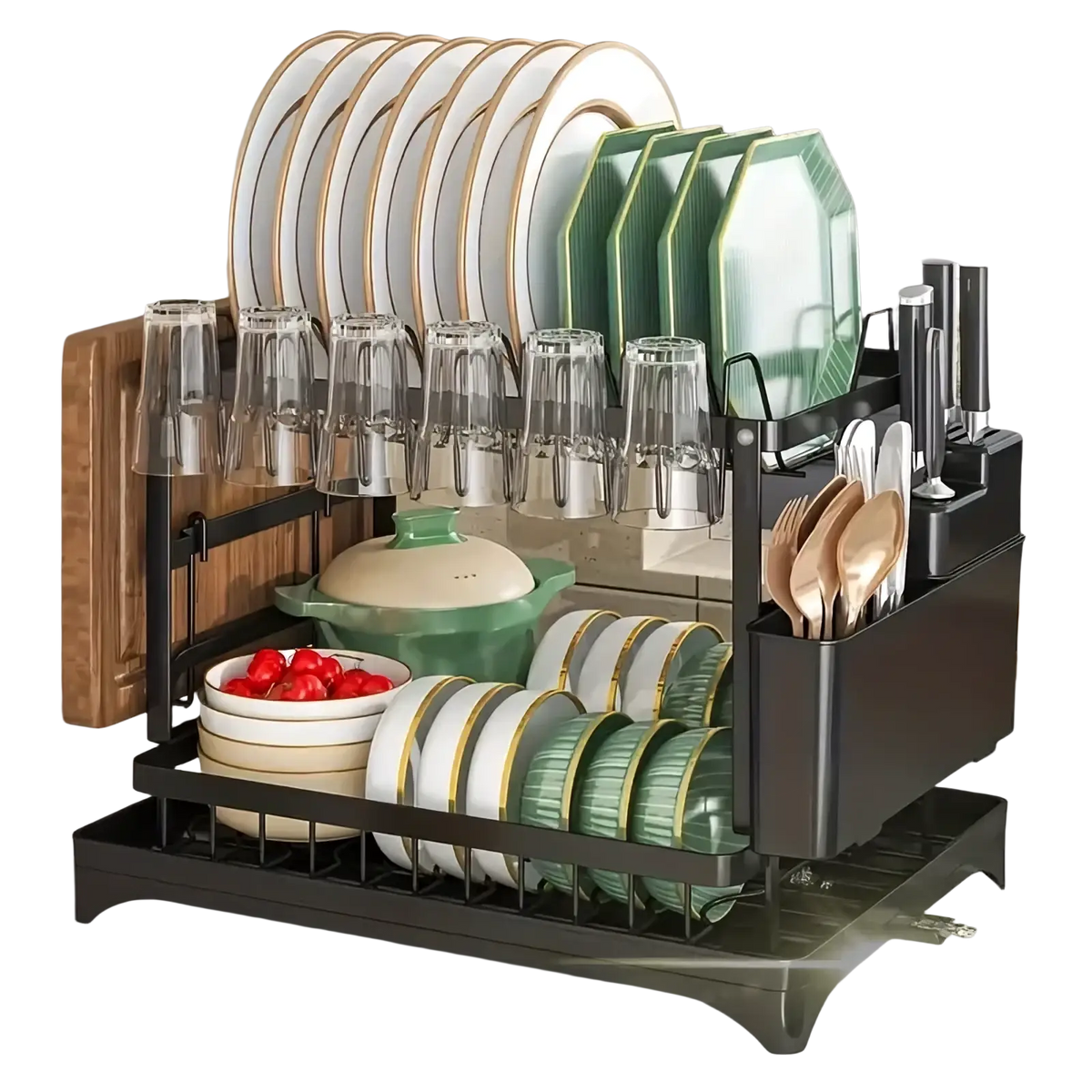 Black metal two-tier dish drainer rack with utensil holder organizing plates glasses and cutlery in kitchen setup