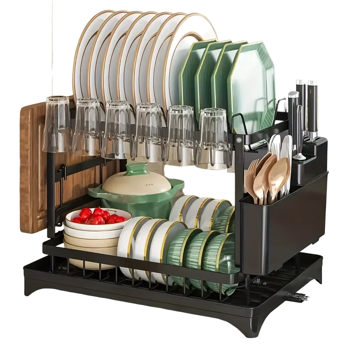 Black metal two-tier dish drainer rack with utensil holder holding plates glasses and utensils for kitchen drying