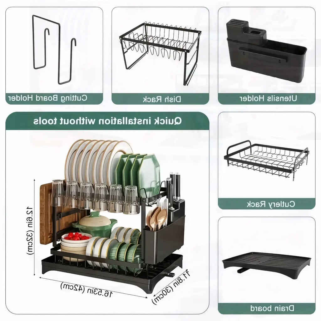 Black metal two-tier dish drainer rack with integrated utensil holder and cutting board stand for kitchen drying