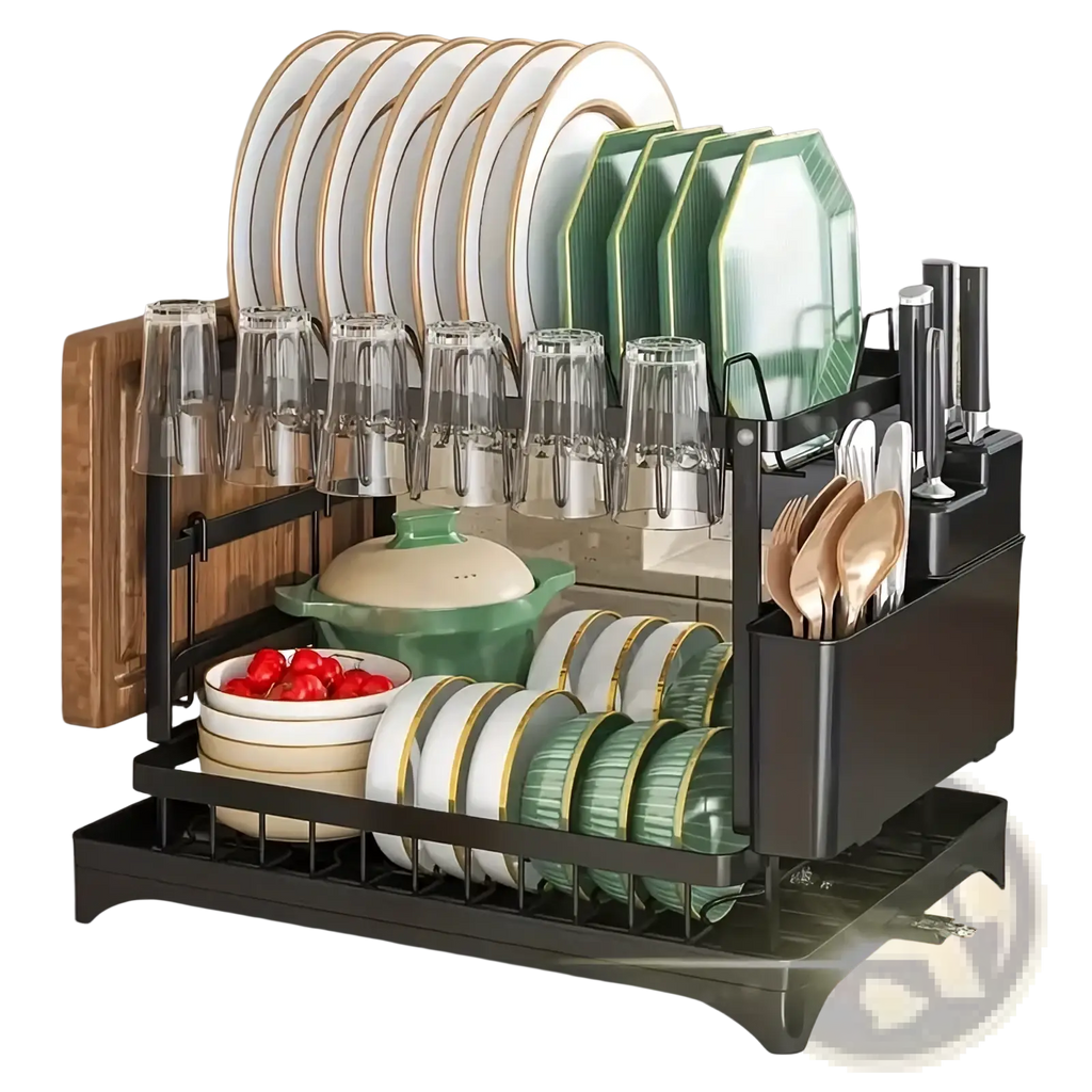 Black metal two-tier dish drainer rack with utensil holder organizing plates glasses and cutlery in kitchen setup